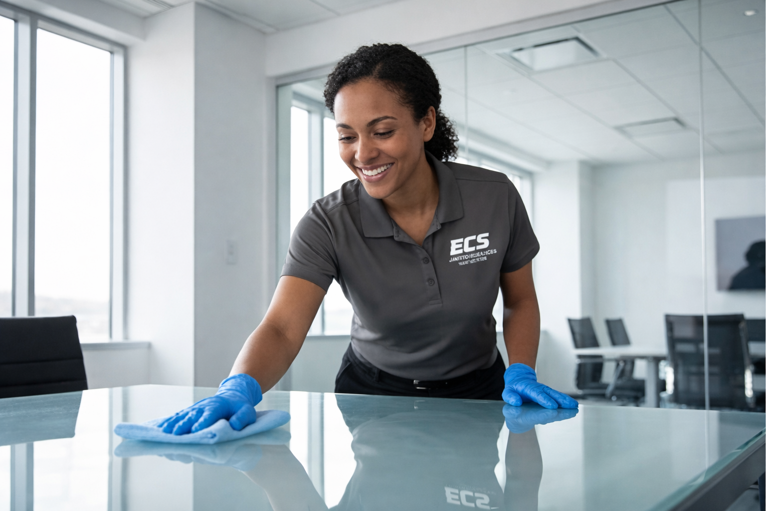 ECS team member cleaning office